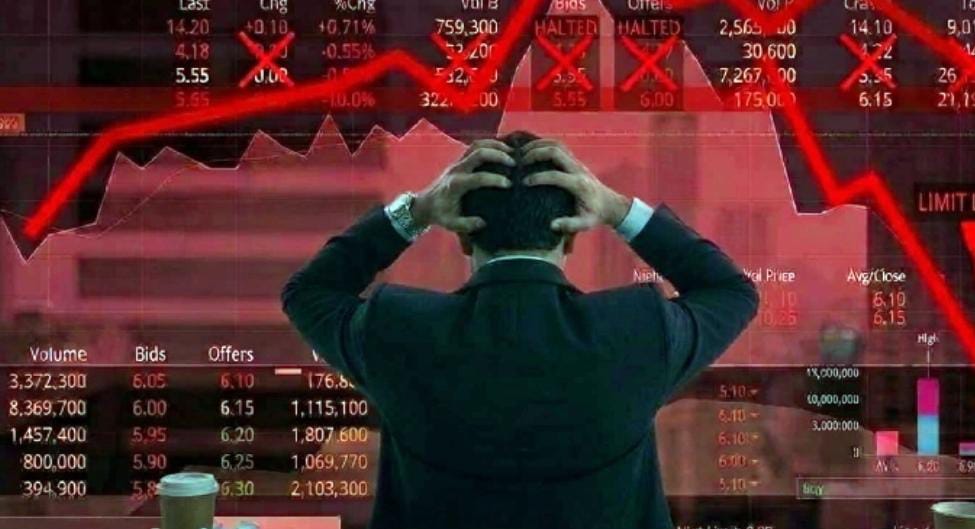 Stock market trading screen displaying declining index figures and red trend line charts.
